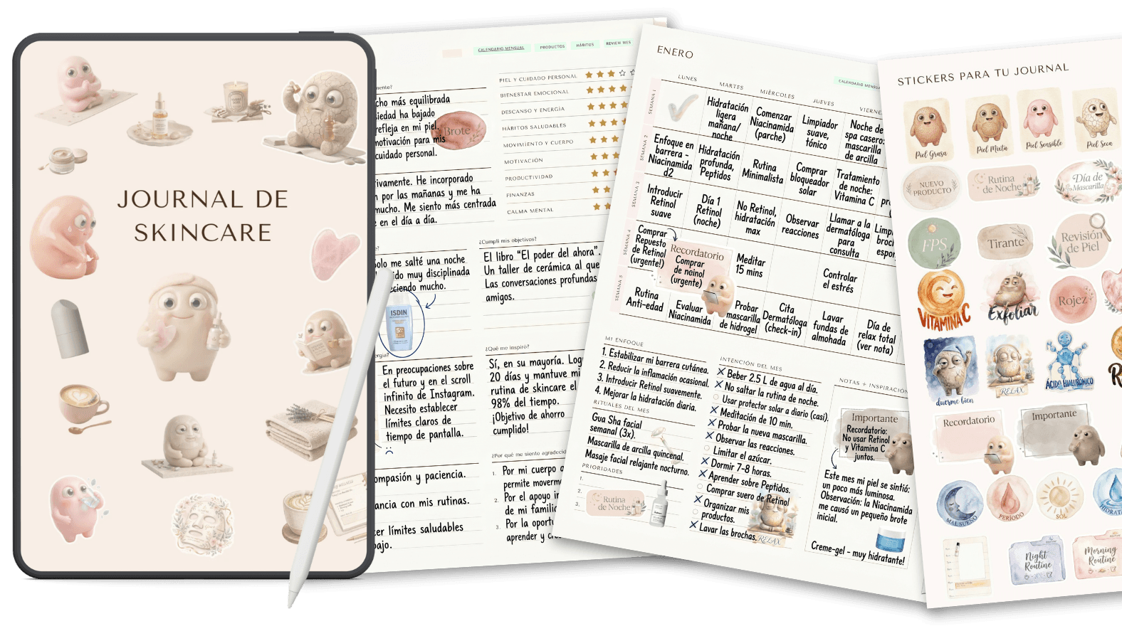 Journal de Skincare digital con calendario mensual, stickers y secciones de productos y hábitos