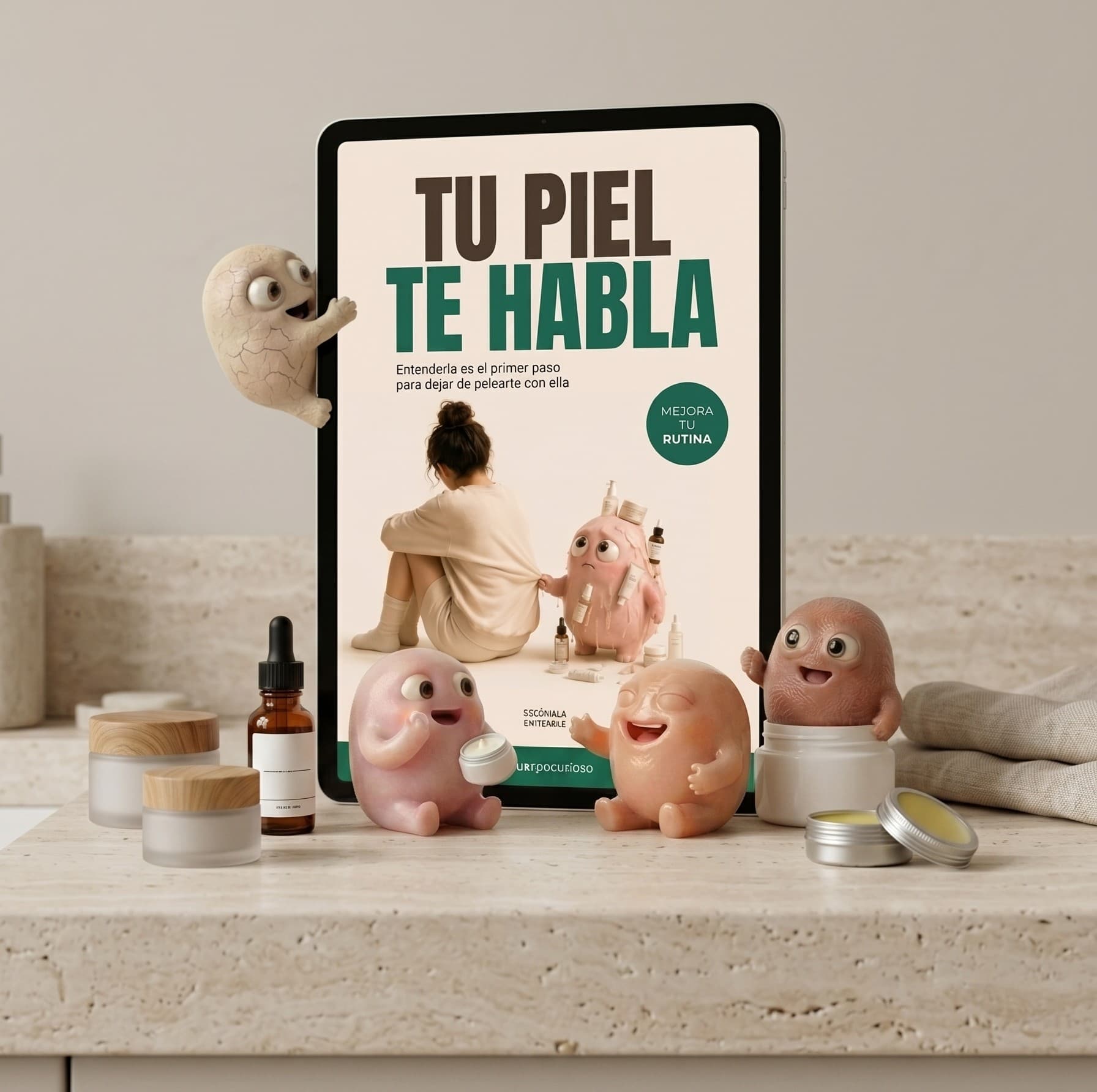 Portada del ebook Tu piel te habla mostrada en una tablet, rodeada de criaturas y productos de skincare